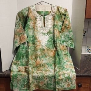 Green and Brown Tie-Dye Tunic/ Dashiki  with White Embroidery..One Size Fits All